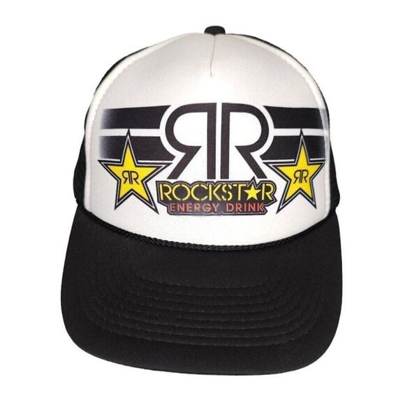 Vintage Rockstar Energy Drink Trucker Hat Mens One Size Black Y2K Snapback Rope - Picture 1 of 6